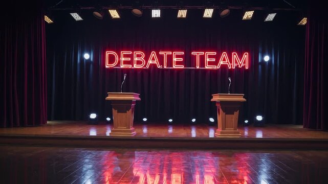 Debate team event showcasing heated discussions on stage with podiums and bright signage