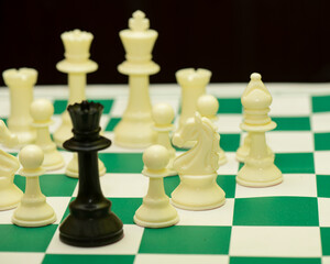 Close up the queen chess piece standing with chessboard on dark background. Leader, influencer, lonely, commander, strong, and business strategy concept.