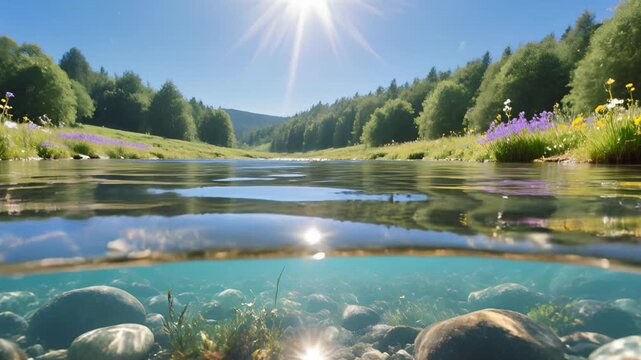 Idyllic Riverbank Scene with Underwater and Above Water View Showing Stones Plants and Sunny Meadow with Wildflowers