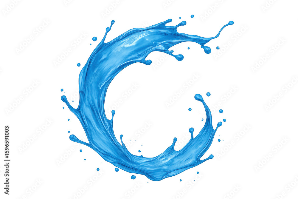 Poster blue liquid creating dynamic circular splash with dispersing droplets, floating against transparent 