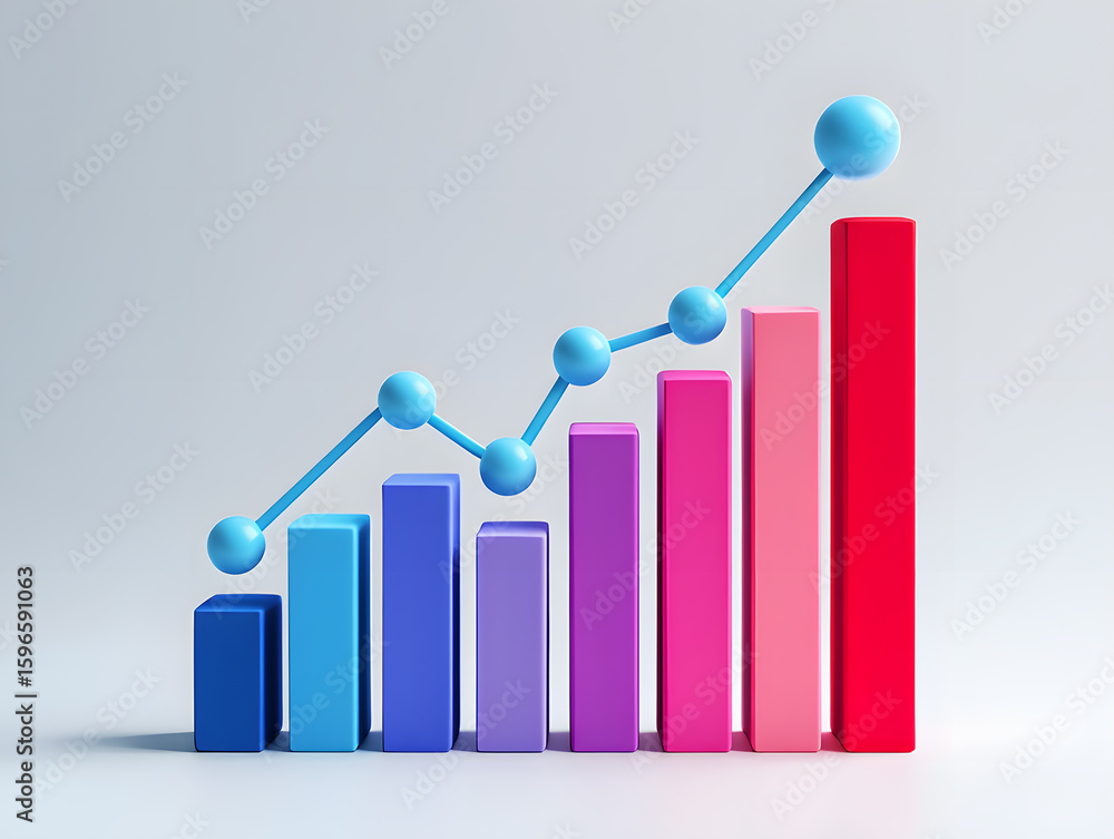 Poster ascending bar graph with blue line and spheres representing growth and progress a visual representat