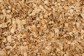 Wooden chips texture background close up. small wood chips for smoking top view. sawdust texture. ecological fuel