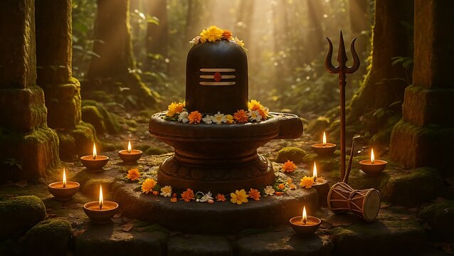 Majestic shivling decorated with flowers and lamps in forest temple during mahadev worship on sawan purnima and divine rituals of sawan shivratri festival