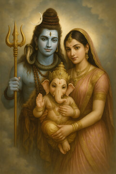 Divine family of mahadev parvati and ganesha holding spiritual presence and love for sacred sawan purnima celebration in hindu devotional artwork