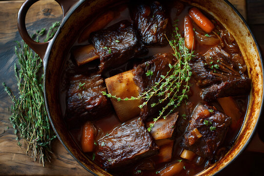Braised short ribs with carrots and thyme in a cast iron pot