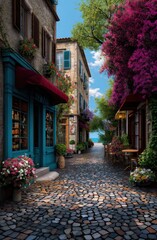 Fototapeta premium A picturesque alleyway adorned with vibrant flowers, quaint shops, and cobblestone streets, leading to a serene blue sea?evoking a perfect blend of beauty and tranquility.