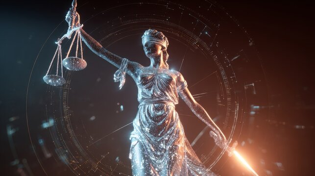 Lady Justice, surrounded by abstract symbols of AI, machine learning algorithms, and digital ethics, modern tech background with a balance of justice and code, 16:9