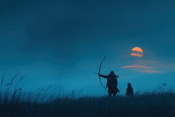 Minimalist archer draws bow with assistant nearby, soft sky and open field