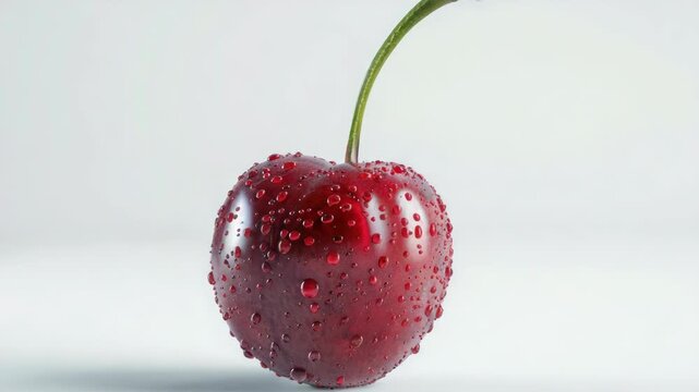 A single cherry with water droplets glistening on its surface