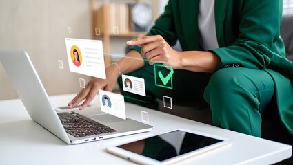 Businesswoman Reviews Virtual Profiles with Green Checkmark in Modern Hiring Interface Scene.