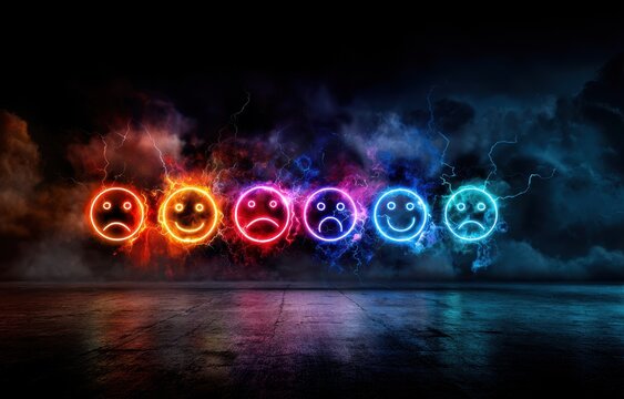 This vibrant image showcases a range of emotions represented by colorful neon smiley faces, illustrating the spectrum of feelings from sadness to happiness against a dramatic backdrop.