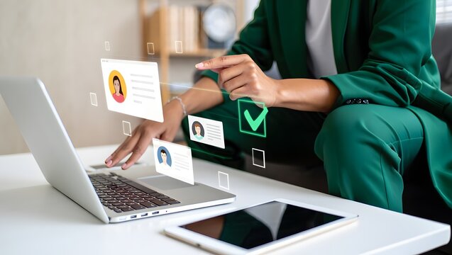 Businesswoman Reviews Virtual Profiles with Green Checkmark in Modern Hiring Interface Scene.