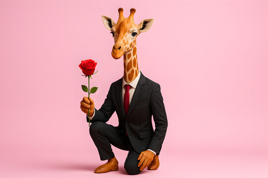 Funny Giraffe in Business Suit Holding a Red Rose and Kneeling on Pink Background, Whimsical Animal Valentine or Proposal Concept Illustration
