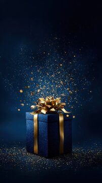 A beautifully wrapped blue gift box adorned with a shimmering gold ribbon and sparkling lid, set against a dark background filled with magical golden glitter.