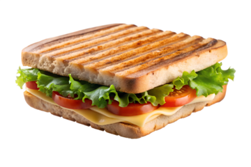 A grilled sandwich with cheese, tomato, and lettuce isolated on transparent background