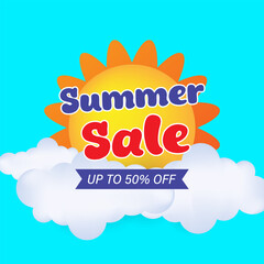 Obraz premium Summer banner sale. A summer banner with the sun, clouds and text. An advertising offer. 50% discount. Vector illustration