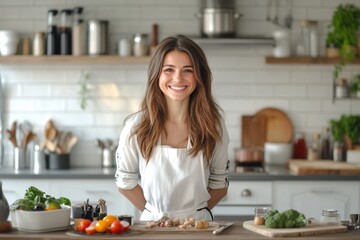 Happy woman preparing fresh food in a bright modern kitchen