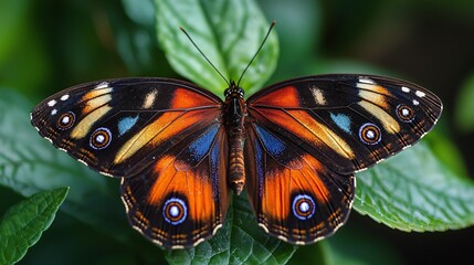 Obraz premium Close-Up of a Beautiful Butterfly Resting on Green Leaves