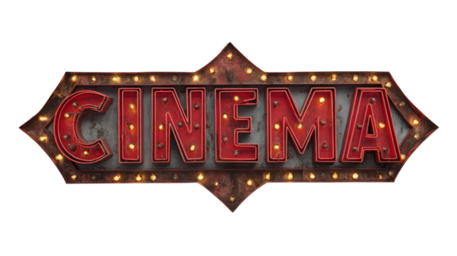 Cinema marquee sign emits light with transparent background.