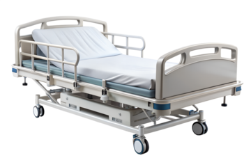 A modern hospital bed isolated on transparent background represents medical care and patient comfort