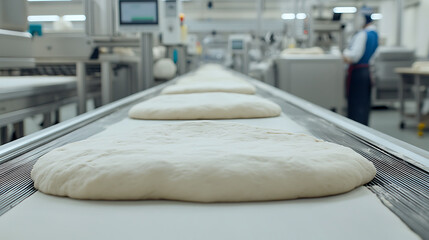 Raw dough on a conveyor belt in a bakery. Production line showing bread making on an industrial scale, using modern machinery and baking expertise.