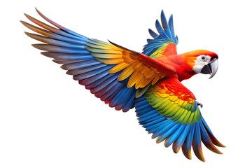 Obraz premium A colorful macaw parrot is flying and isolated on transparent background
