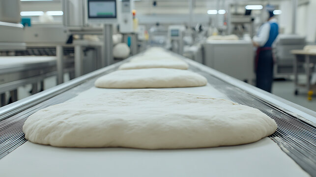 Raw dough on a conveyor belt in a bakery. Production line showing bread making on an industrial scale, using modern machinery and baking expertise.
