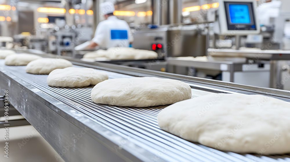 Poster dough portions on conveyor belt. streamlining bakery production with automated systems. consistent q