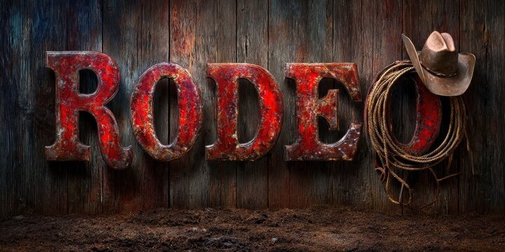 A vibrant display of "RODEO" letters complemented by a vintage cowboy hat and lasso against a textured wooden backdrop, evoking the spirit of cowboy culture and Western adventure.