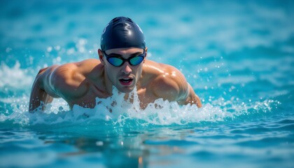 Athletic Male Swimmer Performing Crawl Stroke in Open Ocean – Triathlete in Cap and Goggles Training in Blue Water for Endurance and Competition