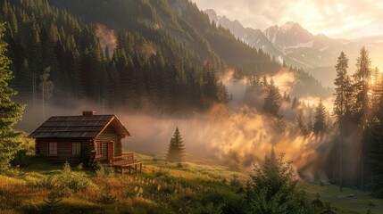 A charming wooden cabin nestled in a lush valley, surrounded by majestic mountains and towering trees, bathed in warm golden light and ethereal morning mist.