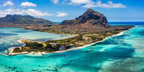 Tropical scenery, beautiful beaches of Mauritius island, Le Morne, popular luxury resort. Le Morne...