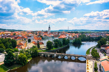 Medieval Town Pisek and historic stone bridge over river Otava in the Southern Bohemia, Czech...