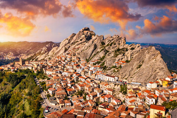 Cityscape aerial view of medieval city of Pietrapertosa, Italy. View of Pietrapertosa town in the Lucanian Dolomites in Italy. Pietrapertosa village in Apennines Dolomiti Lucane. Basilicata, Italy.