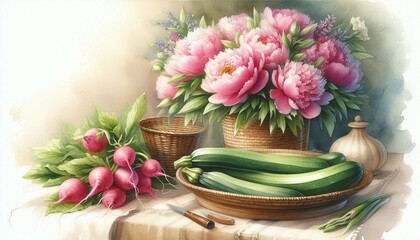 Lush Peony, Radish & Zucchini Harvest