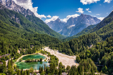 Jasna lake with beautiful mountains. Nature scenery in Triglav national park. Location: Triglav...