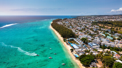 Beautiful Mauritius island with beach Flic en flac. Coral reef around tropical palm beach, Flic en...