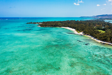 Ile aux Cerfs island with idyllic beach scene, aquamarine sea and soft sand, Ile aux Cerfs, Mauritius, Indian Ocean, Africa. Ile aux Cerf in Mauritius, beautiful water and breathtaking landscape.