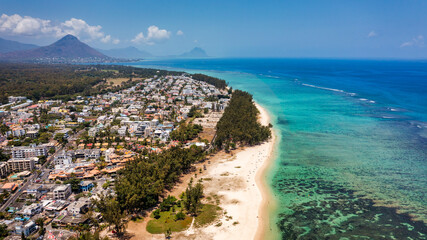 Beautiful Mauritius Island with gorgeous beach Flic en Flac, aerial view from drone. Mauritius,...