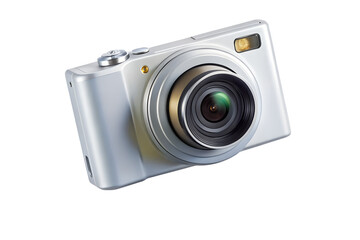 A silver digital camera isolated on transparent background is ready to capture your memories