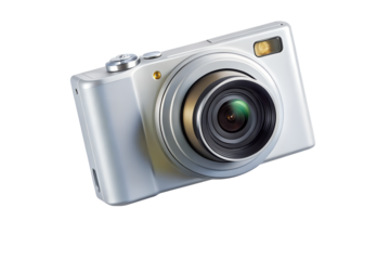 A silver digital camera isolated on transparent background is ready to capture your memories