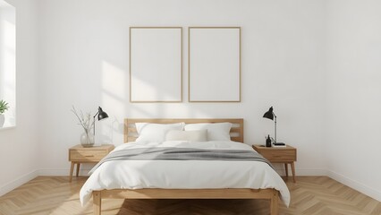 Modern Minimalist Scandinavian Bedroom Interior:  Light Wood Bed, Blank Frames, and Natural Decor.