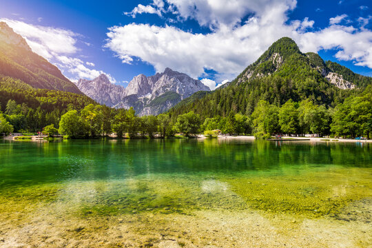 Jasna lake with beautiful mountains. Nature scenery in Triglav national park. Location: Triglav national park. Kranjska Gora, Slovenia, Europe. Mountain lake Jasna in Krajsnka Gora, Slovenia.