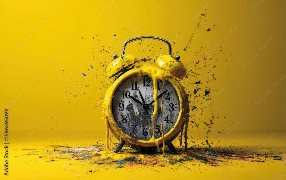 Poster an exploded yellow alarm clock splattered with vibrant paint against a matching backdrop symbolizes 