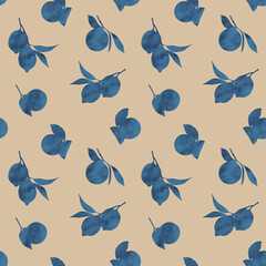 Seamless pattern with blue silhouettes of fruits and leaves on a beige background. Modern minimalist style with watercolor texture elements. Perfect for packaging, textiles, wallpapers, printing