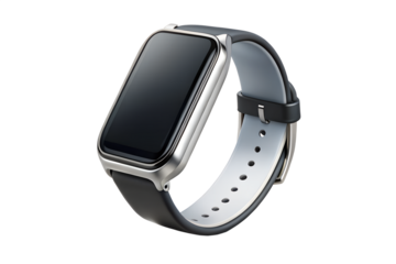 A modern smartwatch with a black band isolated on transparent background is a stylish wearable