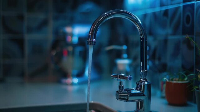 A close-up shot of a kitchen sink with water flowing from the faucet