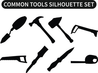 Common Tools Silhouette Vector Set – Hand Tools and Workshop Equipment Icons Collection