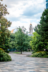 Fototapeta premium Resurrection of Christ Orthodox Cathedral seen from Skanderberg Square in Tirana on a sunny day. Ideal for travel brochure, magazine cover, poster.
