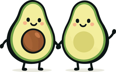 Adorable Cartoon Avocado Halves Holding Hands - Cute and Healthy Food Illustration for Friendship and Love Concepts